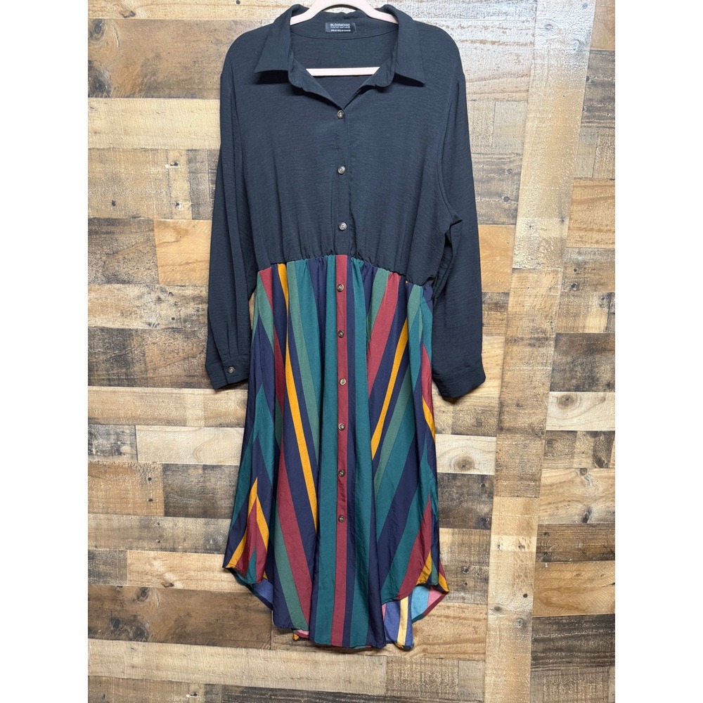 BloomChic‎ Striped Button Front Shirt Dress Black Multi Color Plus Size 18-20